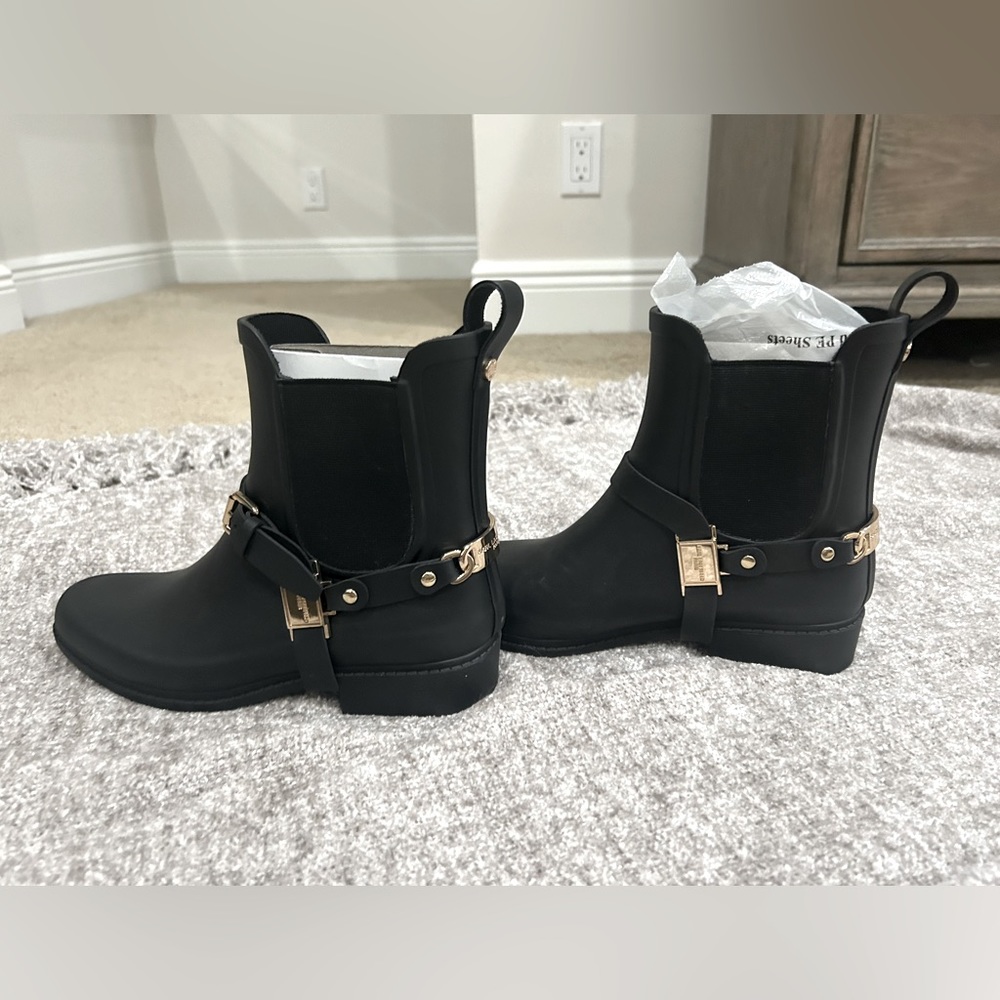 Karl Lagerfeld Paris, Black Rain boots with Gold hardware